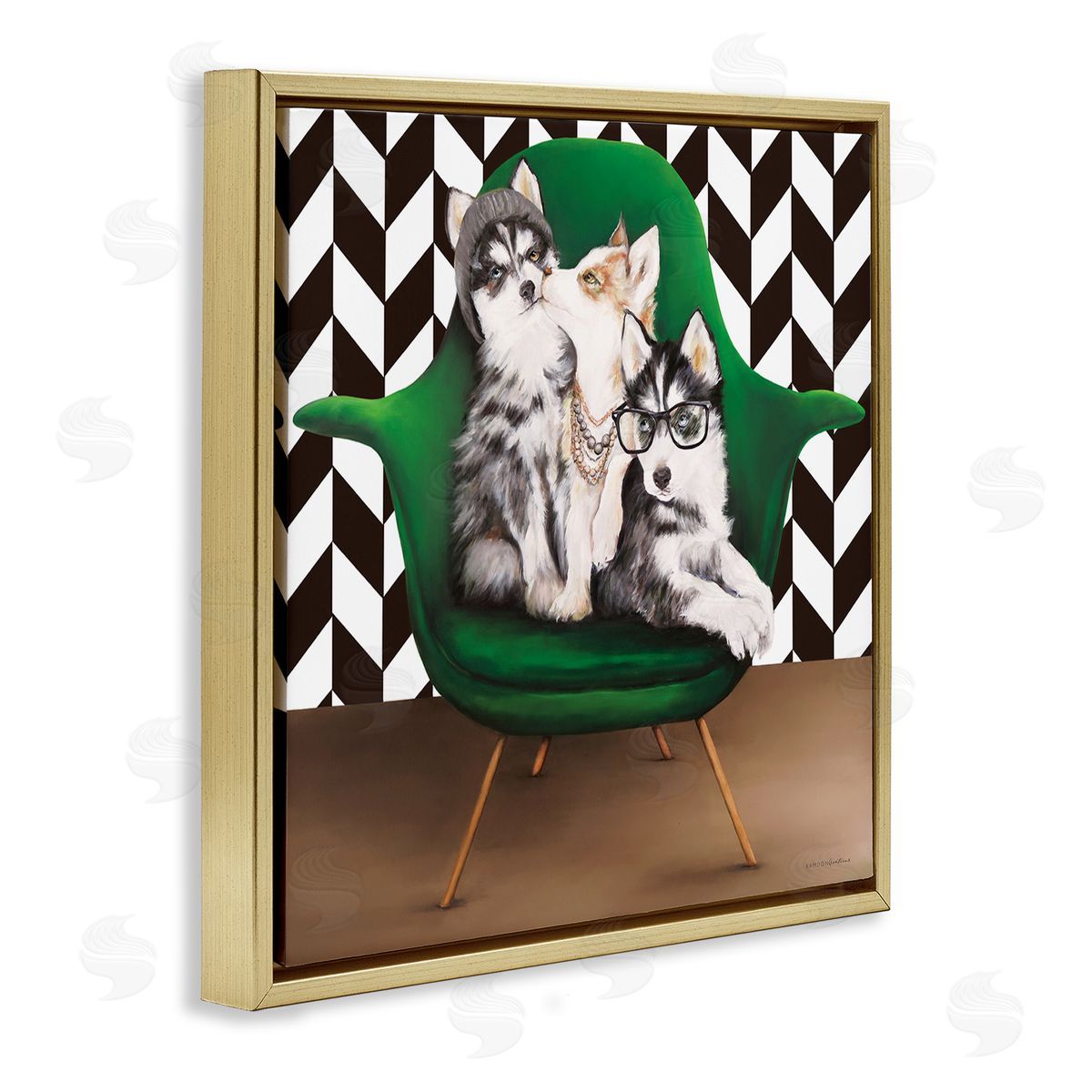 Kamdon Kreations Hipster Dogs Green Mod Chair Modern Room Interior Gold Floating Frame Canvas Wall Art Print