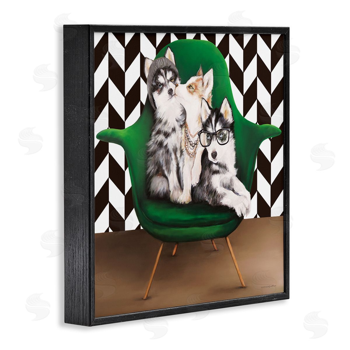 Kamdon Kreations Hipster Dogs Green Mod Chair Modern Room Interior Black Framed Glicee Wall Art Print