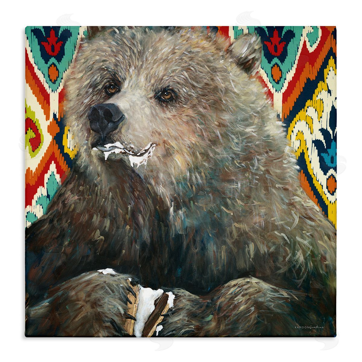 Kamdon Kreations Brown Bear Eating Smores Forest Animal Abstract Pattern Stretched Canvas Wall Art Print