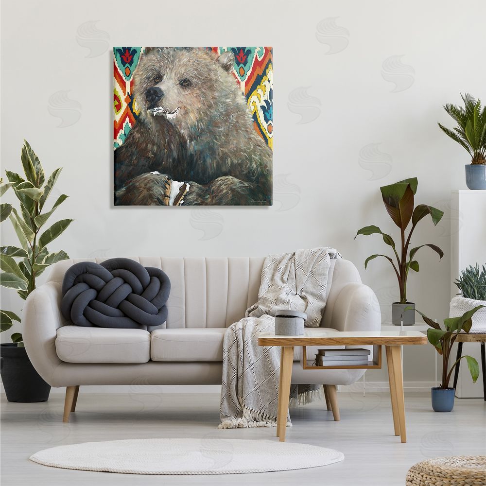 Kamdon Kreations Brown Bear Eating Smores Forest Animal Abstract Pattern Canvas Wall Art in Room