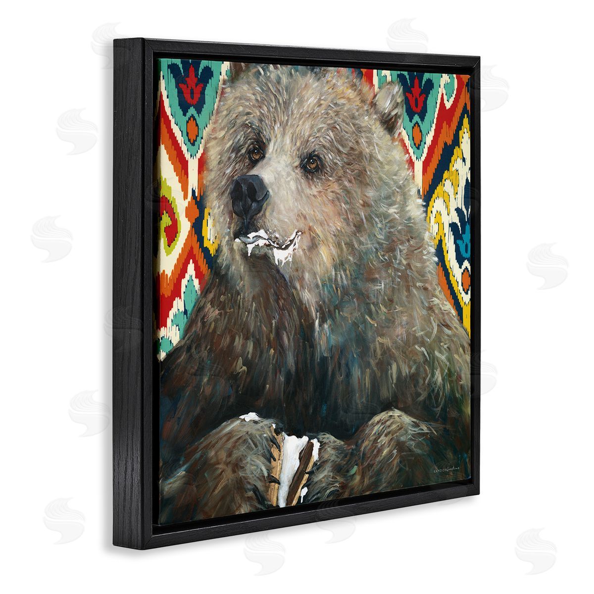 Kamdon Kreations Brown Bear Eating Smores Forest Animal Abstract Pattern Black Floating Frame Canvas Wall Art Print