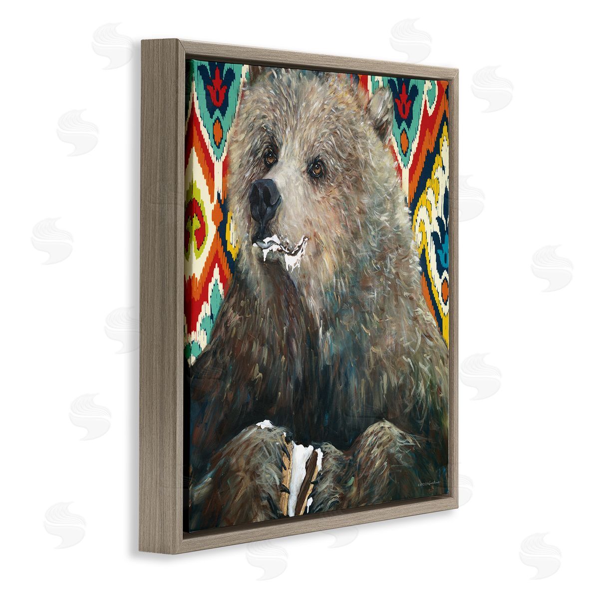 Kamdon Kreations Brown Bear Eating Smores Forest Animal Abstract Pattern Brown Floating Frame Canvas Wall Art Print
