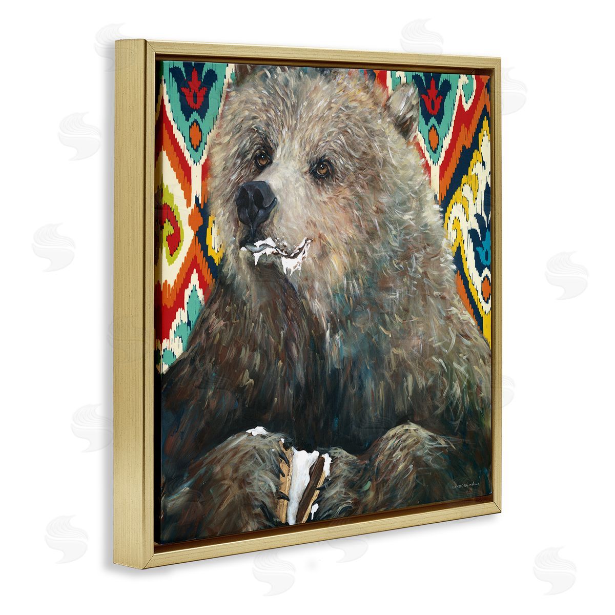 Kamdon Kreations Brown Bear Eating Smores Forest Animal Abstract Pattern Gold Floating Frame Canvas Wall Art Print