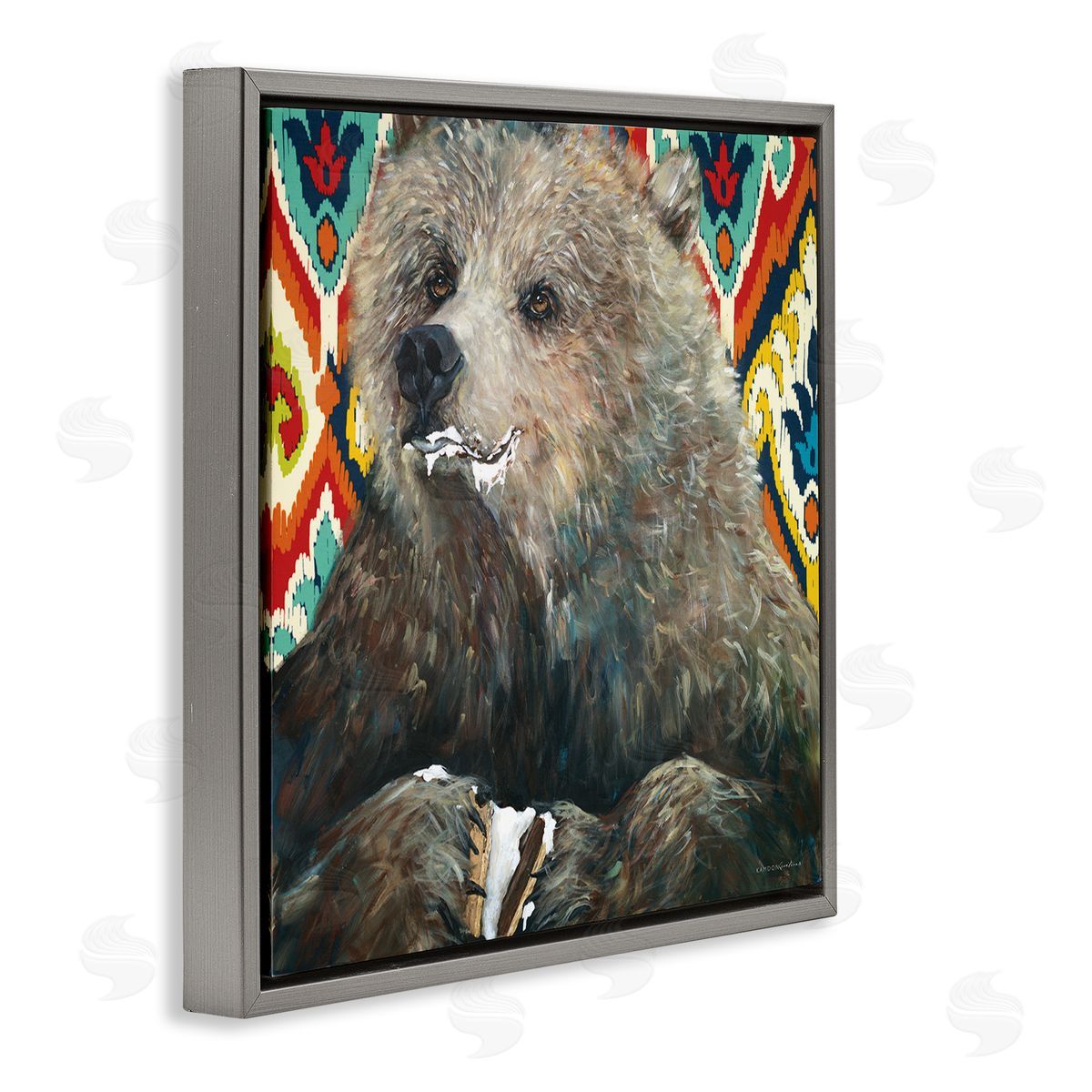 Kamdon Kreations Brown Bear Eating Smores Forest Animal Abstract Pattern Gray Floating Frame Canvas Wall Art Print
