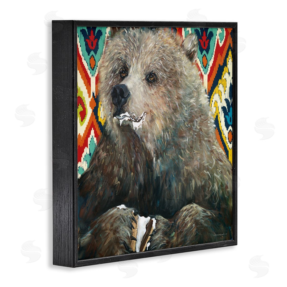 Kamdon Kreations Brown Bear Eating Smores Forest Animal Abstract Pattern Black Framed Glicee Wall Art Print