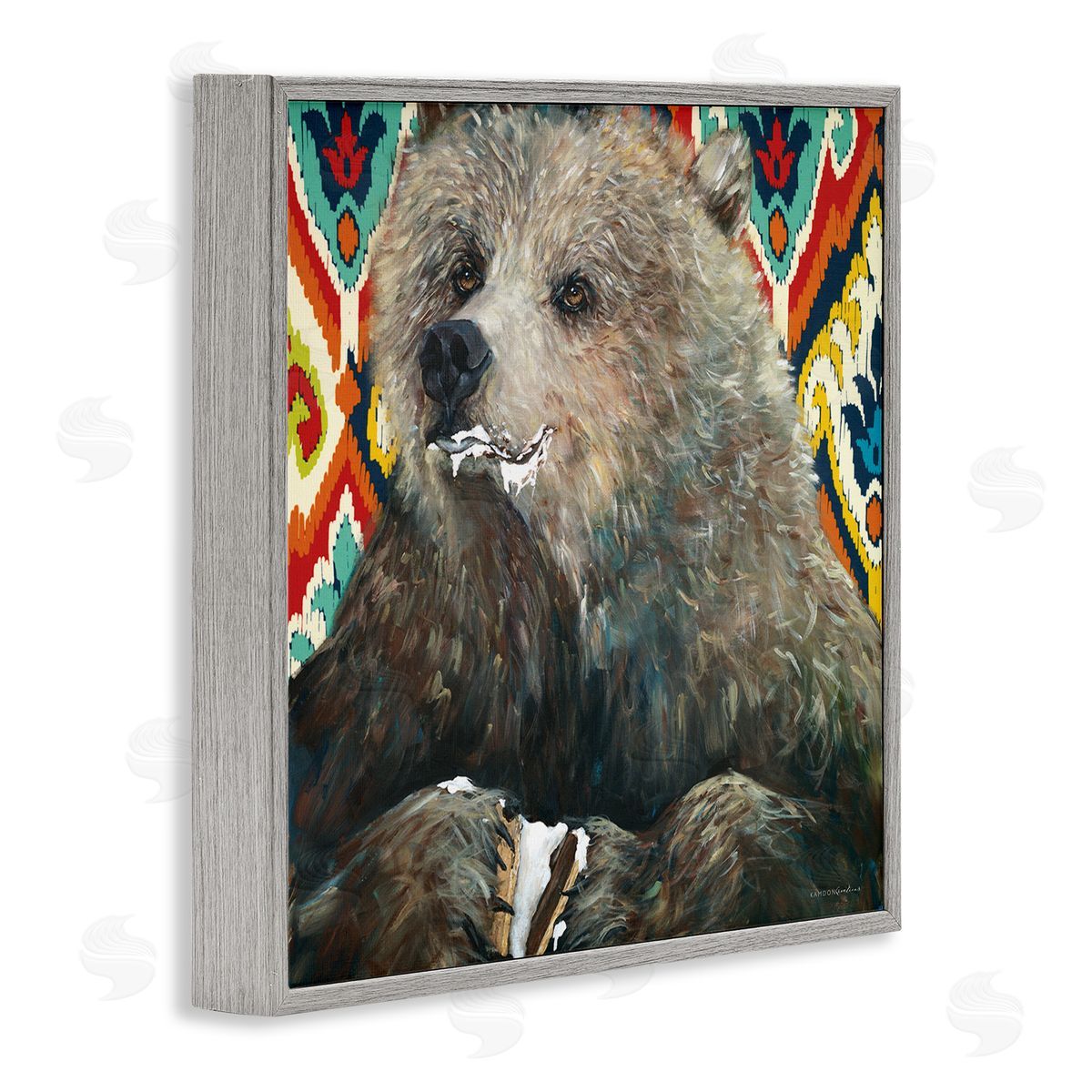 Kamdon Kreations Brown Bear Eating Smores Forest Animal Abstract Pattern Gray Framed Glicee Wall Art Print