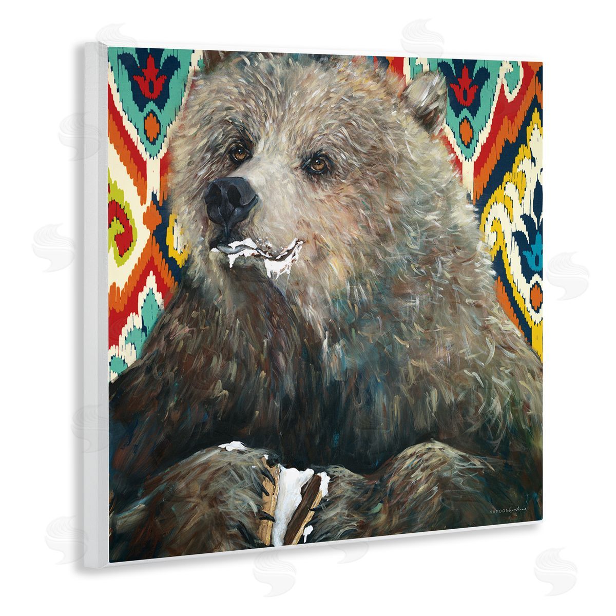 Kamdon Kreations Brown Bear Eating Smores Forest Animal Abstract Pattern Wooden Wall Plaque Art Print