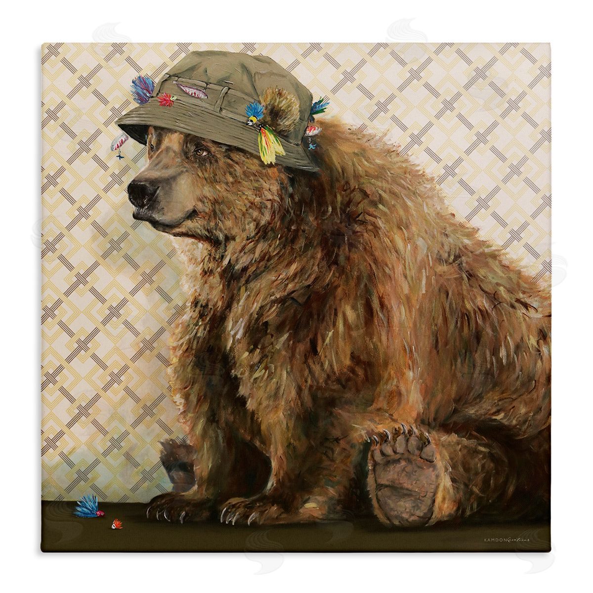 Kamdon Kreations Rustic Brown Bear Wearing Fisherman's Hat Geometric Pattern Stretched Canvas Wall Art Print