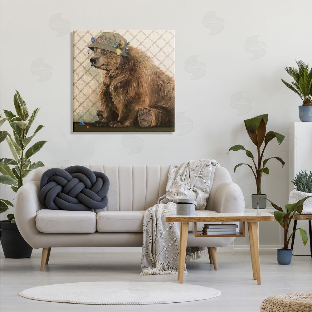 Kamdon Kreations Rustic Brown Bear Wearing Fisherman's Hat Geometric Pattern Canvas Wall Art in Room