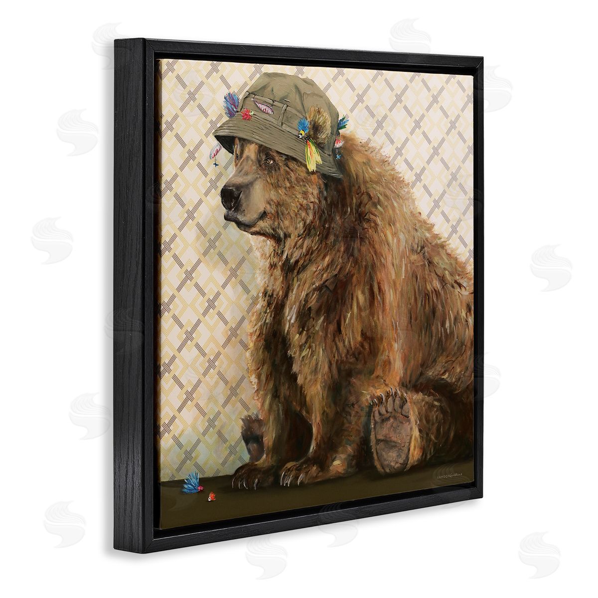 Kamdon Kreations Rustic Brown Bear Wearing Fisherman's Hat Geometric Pattern Black Floating Frame Canvas Wall Art Print