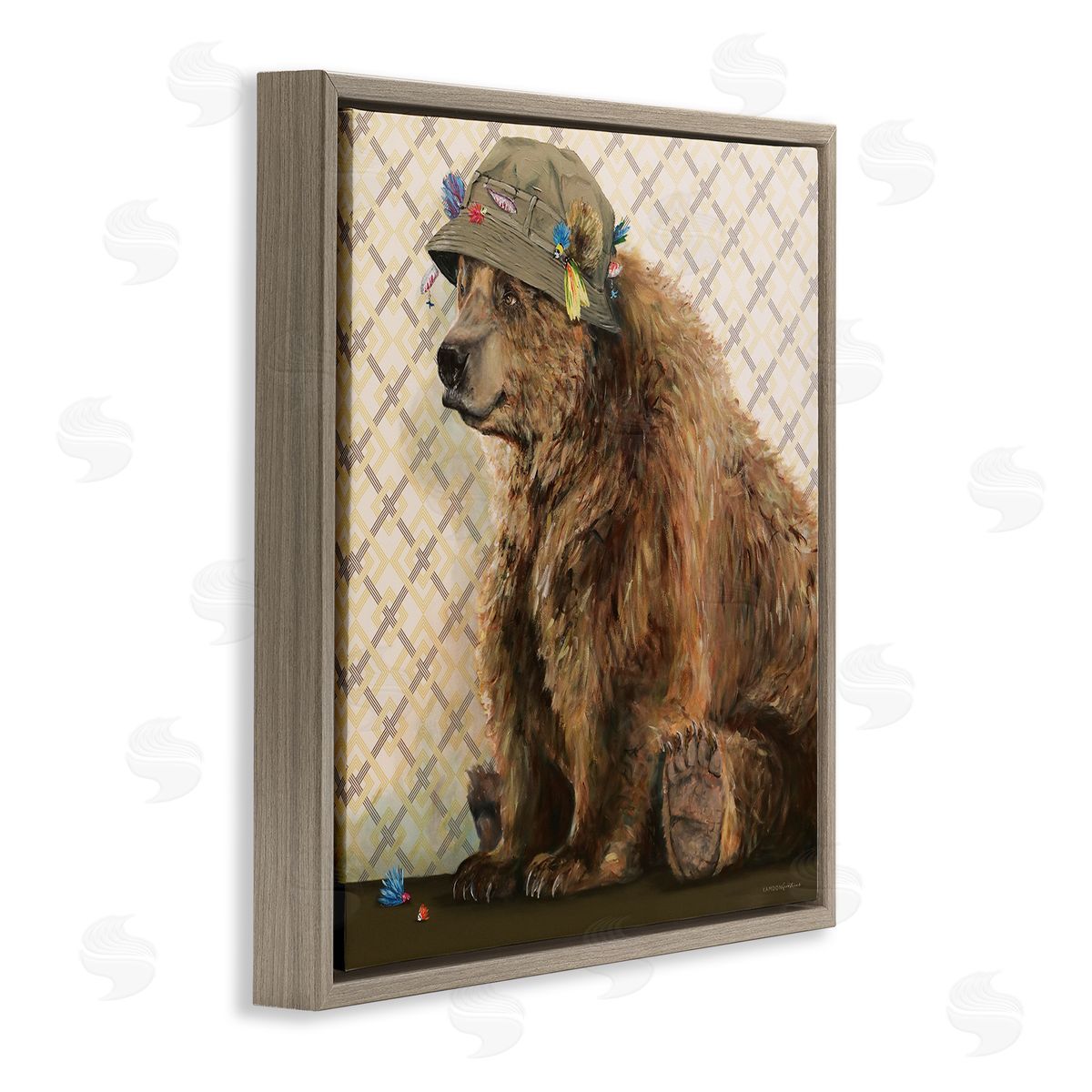 Kamdon Kreations Rustic Brown Bear Wearing Fisherman's Hat Geometric Pattern Brown Floating Frame Canvas Wall Art Print