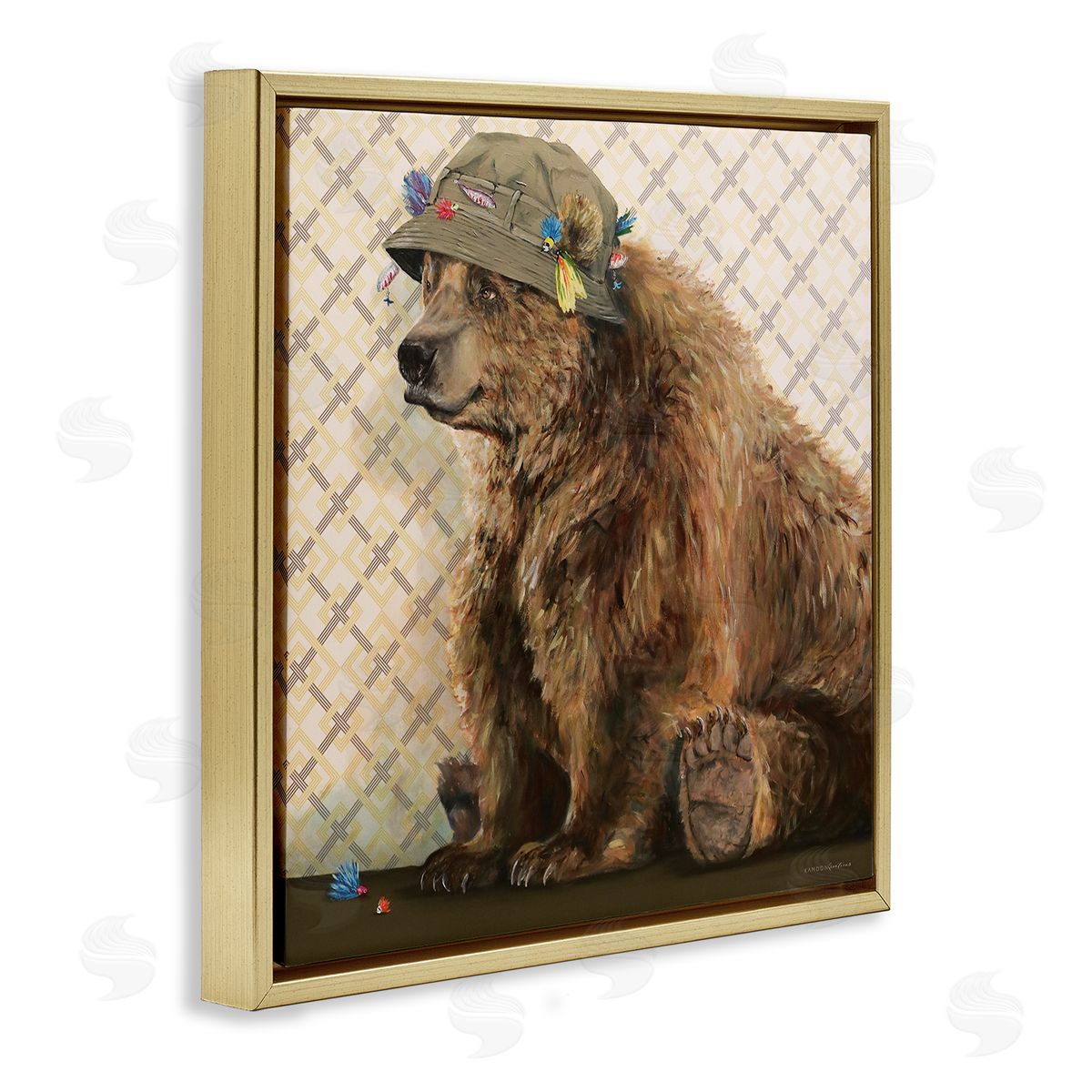 Kamdon Kreations Rustic Brown Bear Wearing Fisherman's Hat Geometric Pattern Gold Floating Frame Canvas Wall Art Print