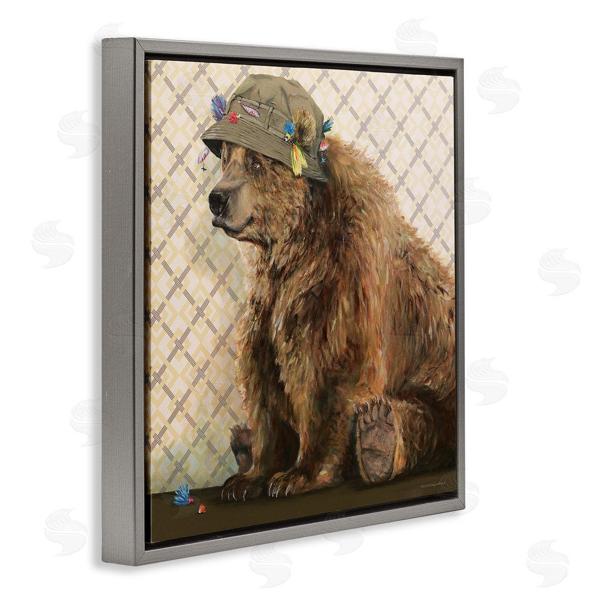 Kamdon Kreations Rustic Brown Bear Wearing Fisherman's Hat Geometric Pattern Gray Floating Frame Canvas Wall Art Print