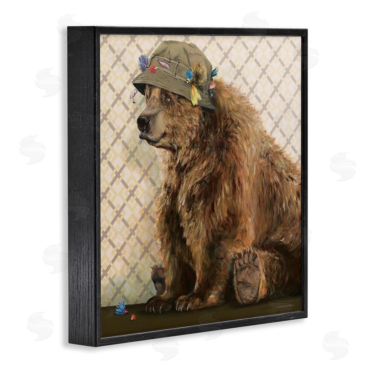 Kamdon Kreations Rustic Brown Bear Wearing Fisherman's Hat Geometric Pattern Black Framed Glicee Wall Art Print