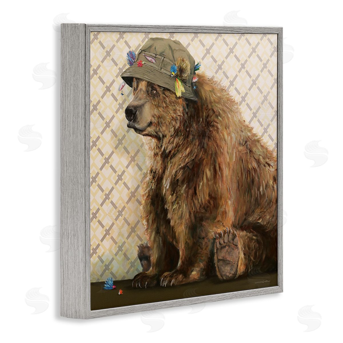 Kamdon Kreations Rustic Brown Bear Wearing Fisherman's Hat Geometric Pattern Gray Framed Glicee Wall Art Print
