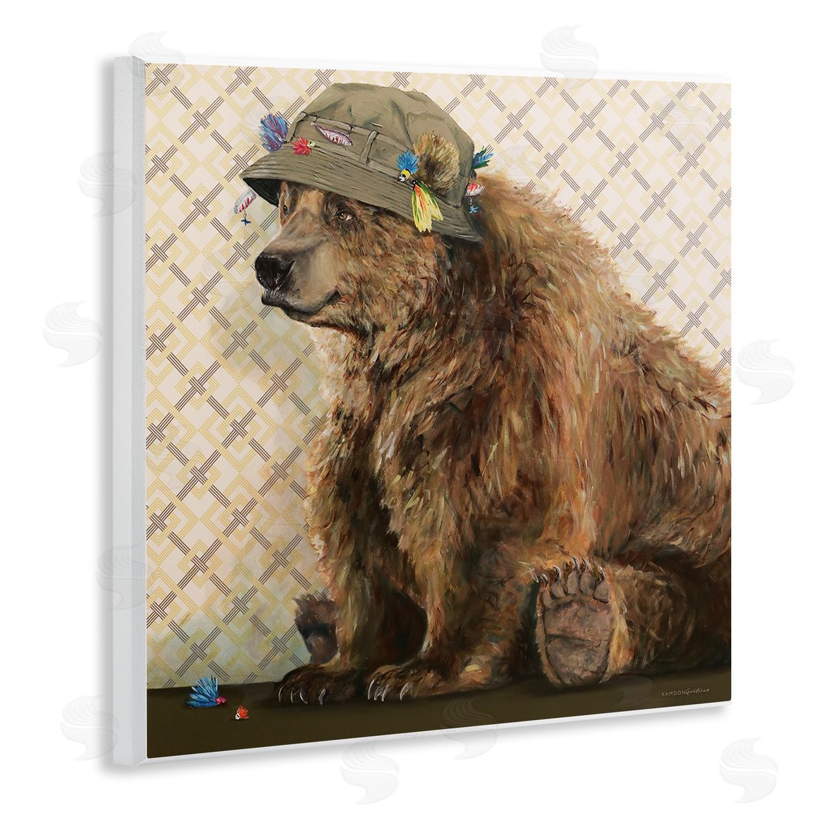 Kamdon Kreations Rustic Brown Bear Wearing Fisherman's Hat Geometric Pattern Wooden Wall Plaque Art Print