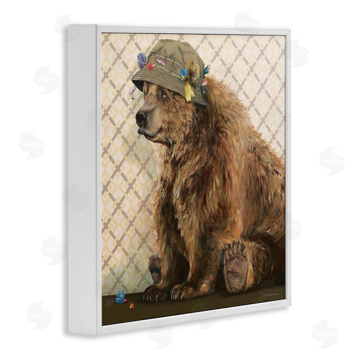 Kamdon Kreations Rustic Brown Bear Wearing Fisherman's Hat Geometric Pattern White Framed Glicee Wall Art Print