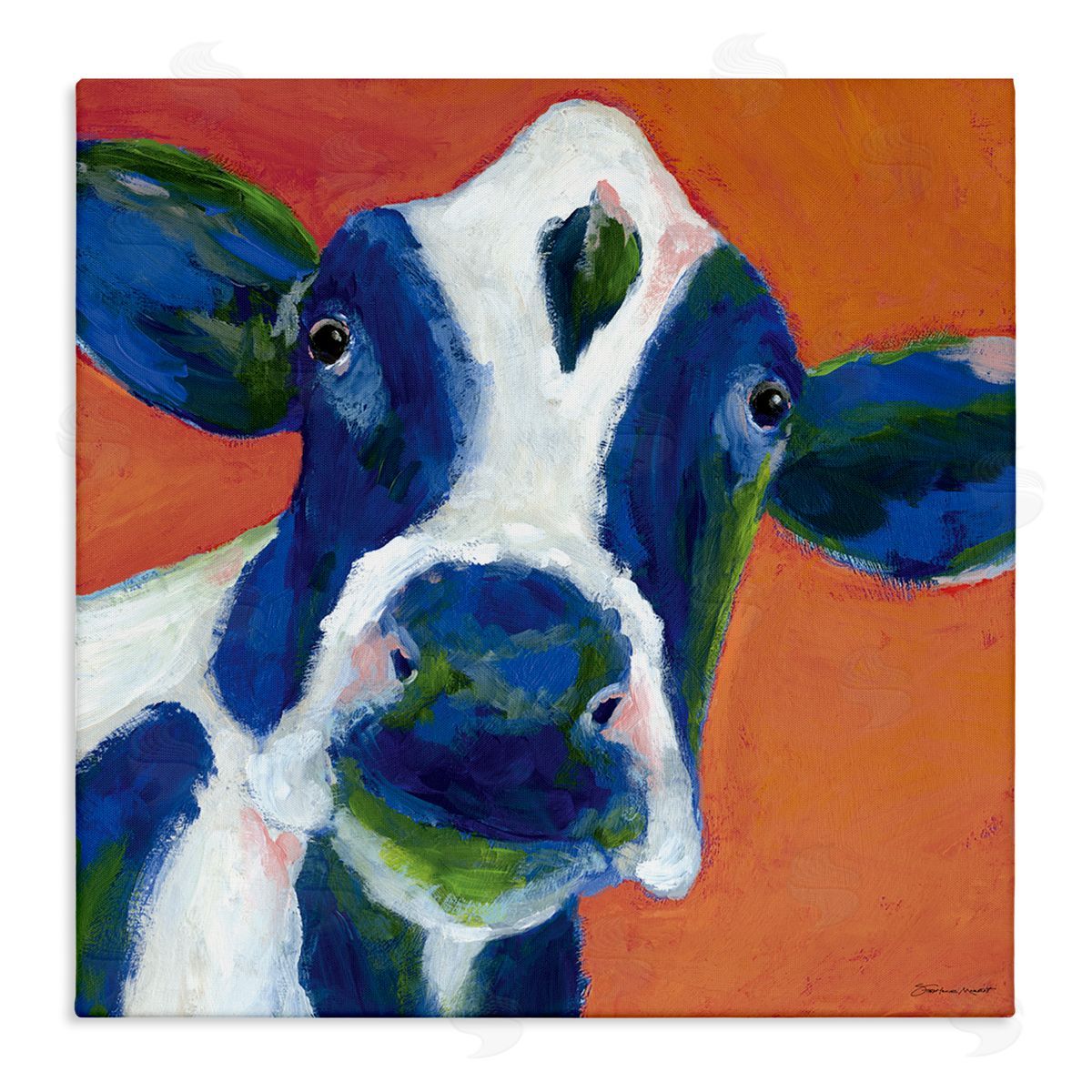 Stephanie Workman Marrott Bold Blue Dairy Cow Fun Abstract Farm Animal Stretched Canvas Wall Art Print
