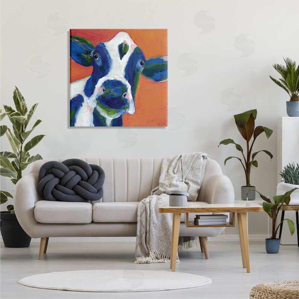 Stephanie Workman Marrott Bold Blue Dairy Cow Fun Abstract Farm Animal Canvas Wall Art in Room