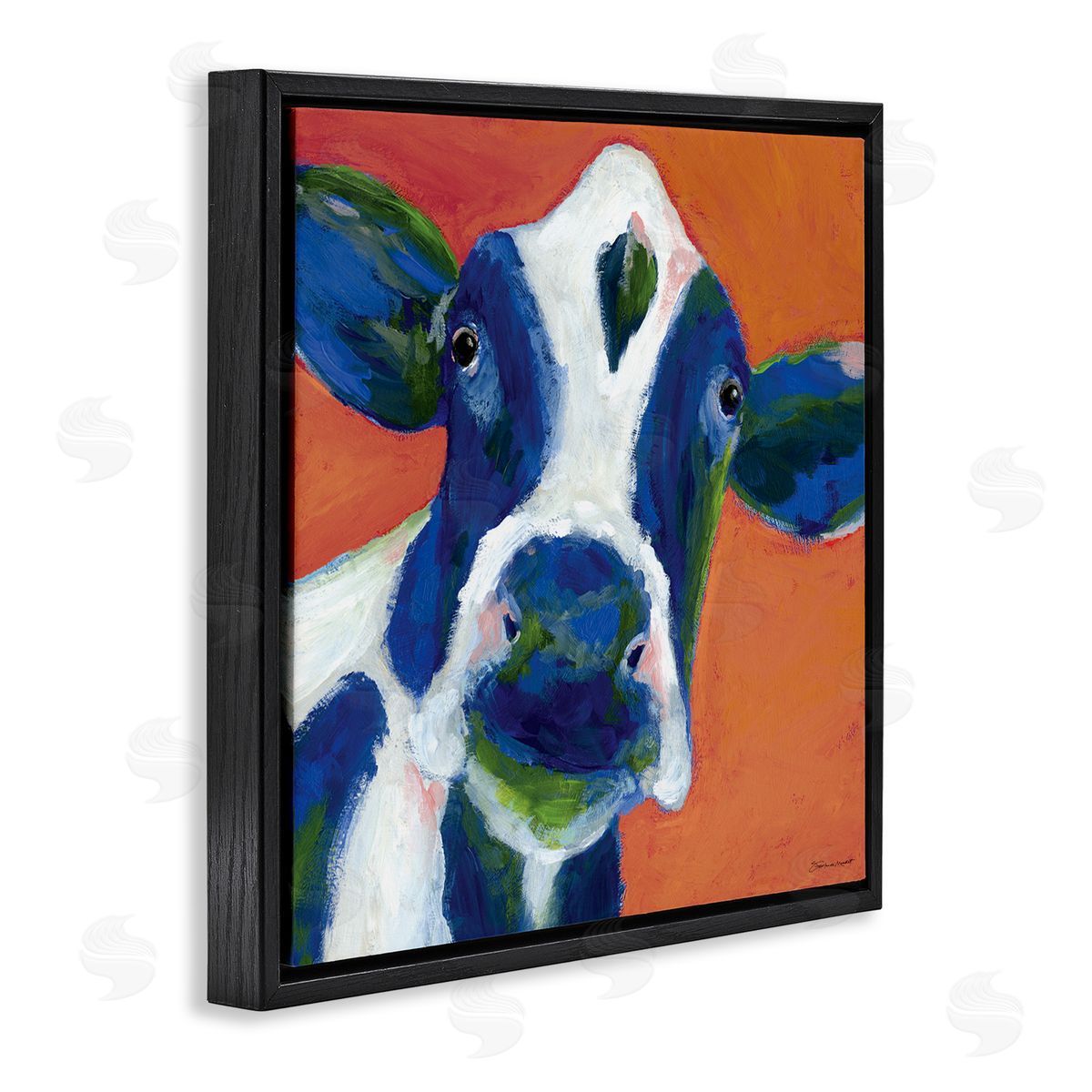Stephanie Workman Marrott Bold Blue Dairy Cow Fun Abstract Farm Animal Black Floating Frame Canvas Wall Art Print