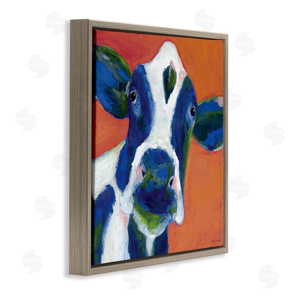 Stephanie Workman Marrott Bold Blue Dairy Cow Fun Abstract Farm Animal Brown Floating Frame Canvas Wall Art Print