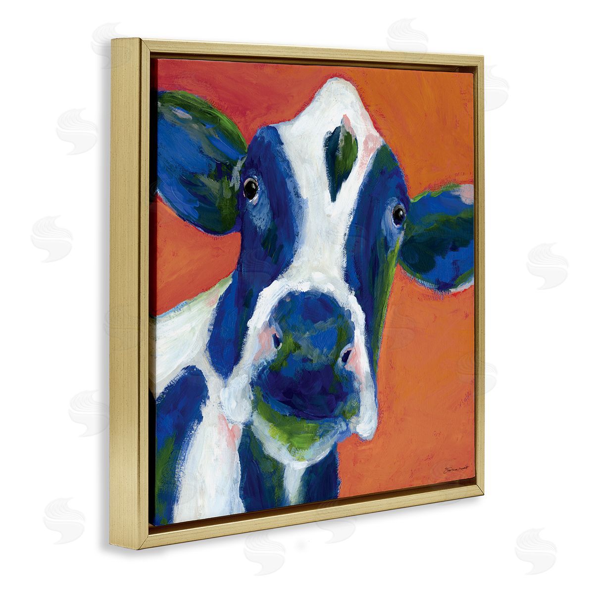 Stephanie Workman Marrott Bold Blue Dairy Cow Fun Abstract Farm Animal Gold Floating Frame Canvas Wall Art Print