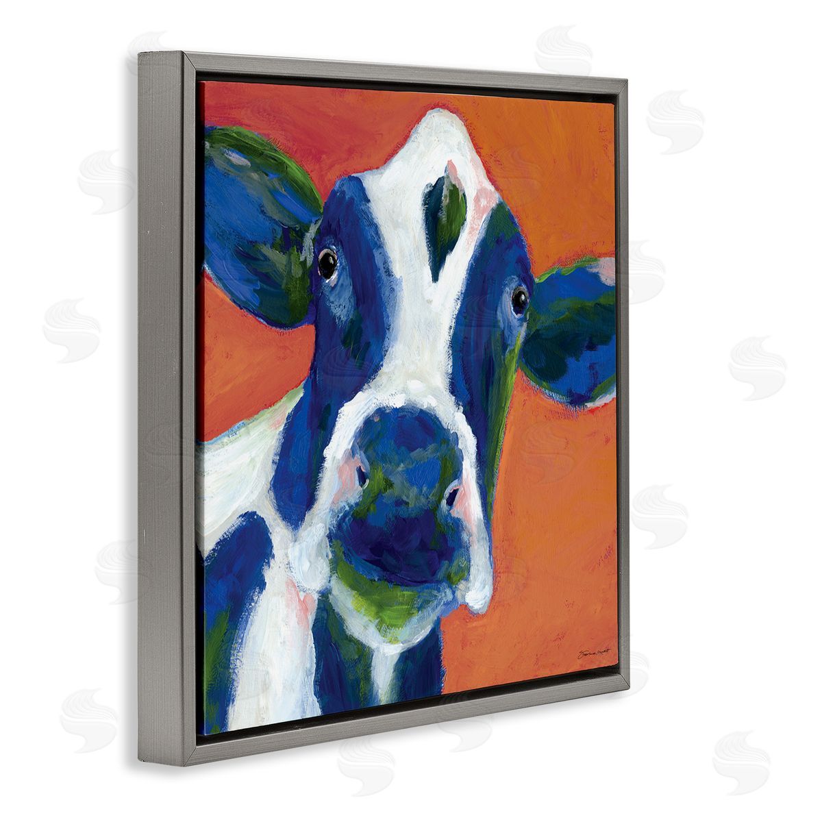 Stephanie Workman Marrott Bold Blue Dairy Cow Fun Abstract Farm Animal Gray Floating Frame Canvas Wall Art Print
