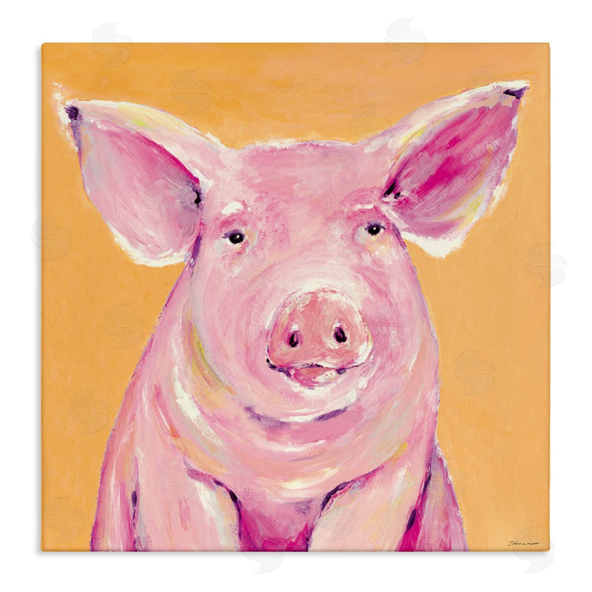 Stephanie Workman Marrott Pink Pig with Big Ears Traditional Farm Animal Stretched Canvas Wall Art Print