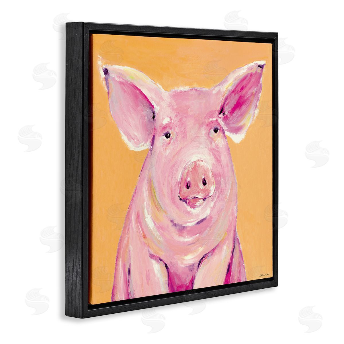 Stephanie Workman Marrott Pink Pig with Big Ears Traditional Farm Animal Black Floating Frame Canvas Wall Art Print