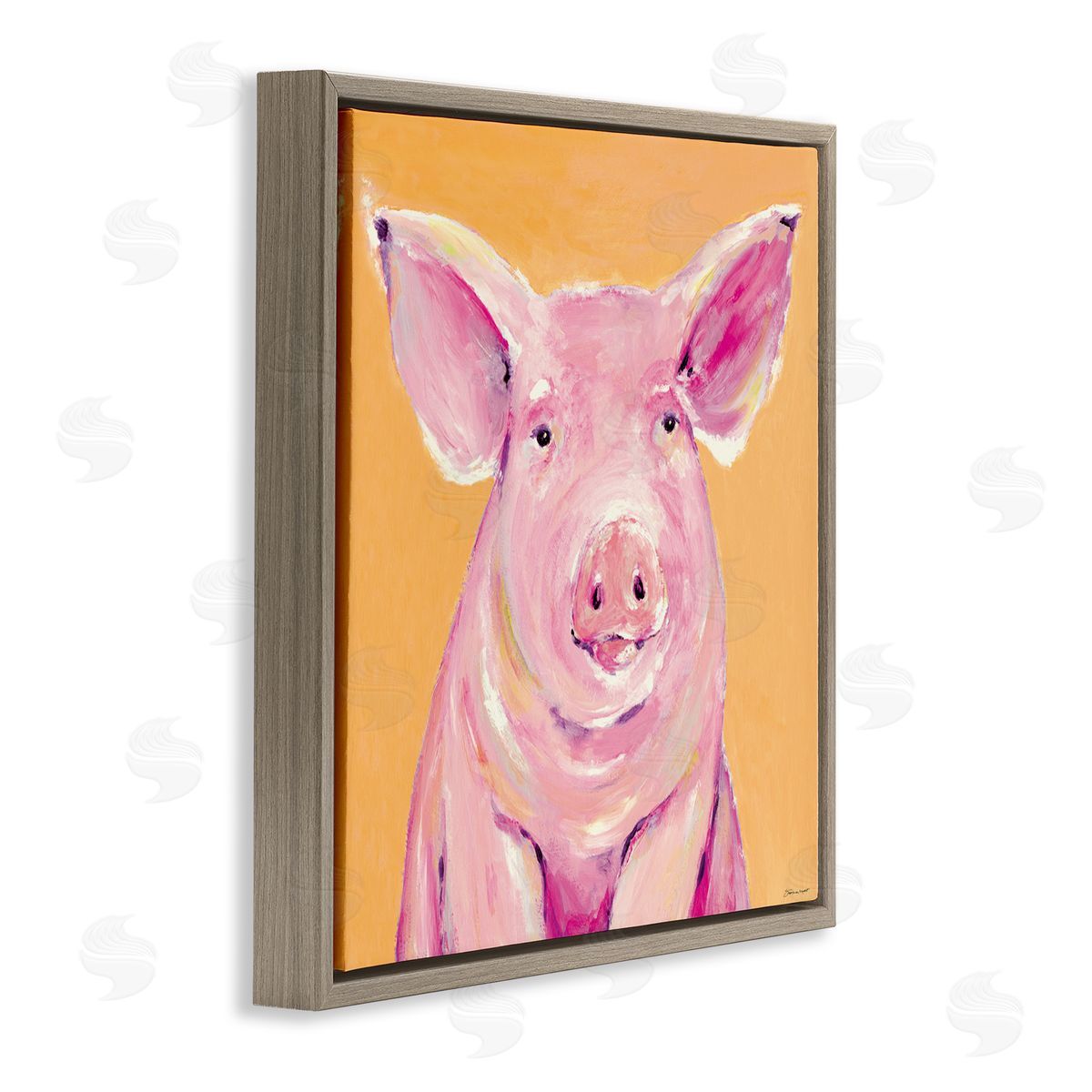 Stephanie Workman Marrott Pink Pig with Big Ears Traditional Farm Animal Brown Floating Frame Canvas Wall Art Print