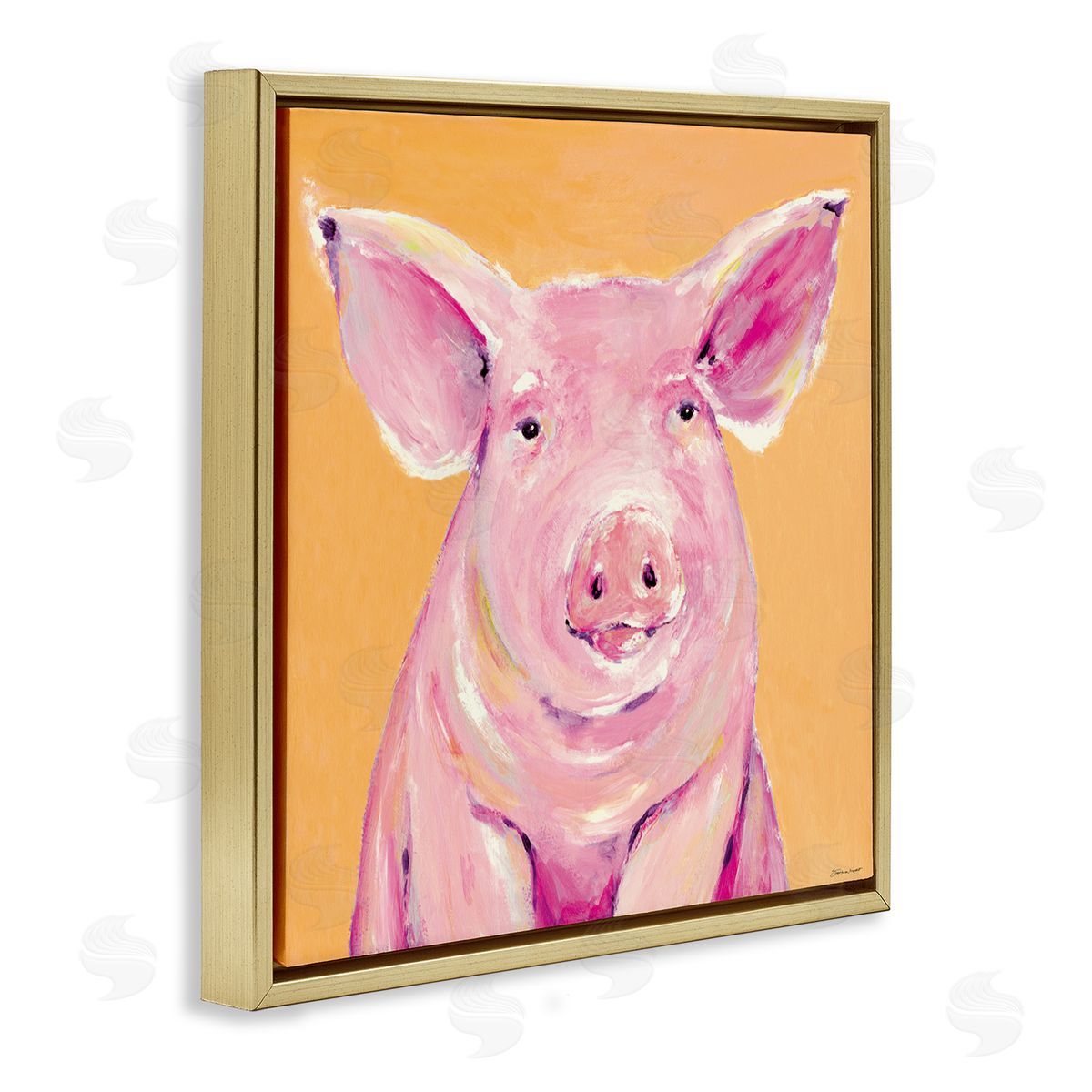 Stephanie Workman Marrott Pink Pig with Big Ears Traditional Farm Animal Gold Floating Frame Canvas Wall Art Print