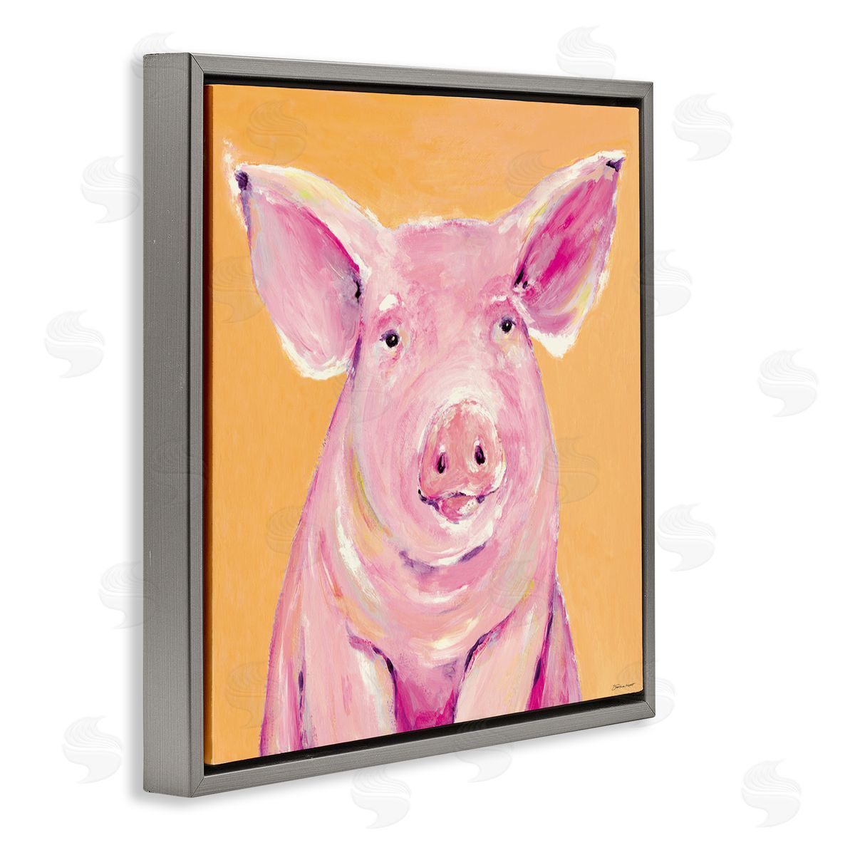 Stephanie Workman Marrott Pink Pig with Big Ears Traditional Farm Animal Gray Floating Frame Canvas Wall Art Print