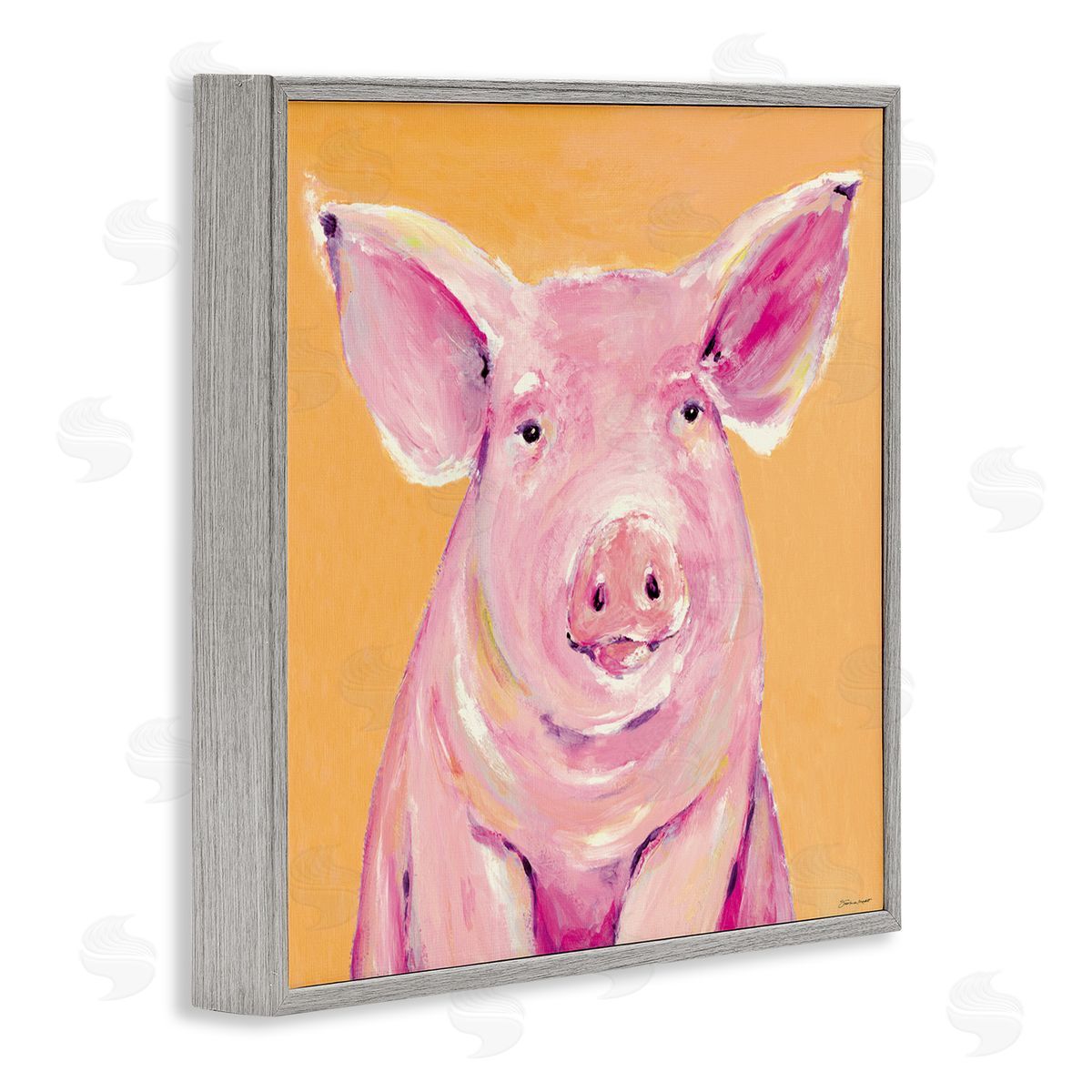 Stephanie Workman Marrott Pink Pig with Big Ears Traditional Farm Animal Gray Framed Glicee Wall Art Print