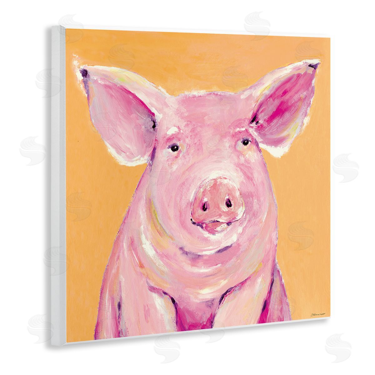 Stephanie Workman Marrott Pink Pig with Big Ears Traditional Farm Animal Wooden Wall Plaque Art Print
