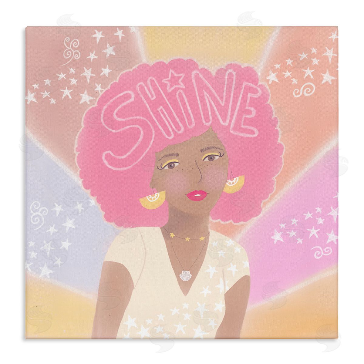Tina Devins Playful Shine Phrase Girl with Afro Rainbow Stars Stretched Canvas Wall Art Print