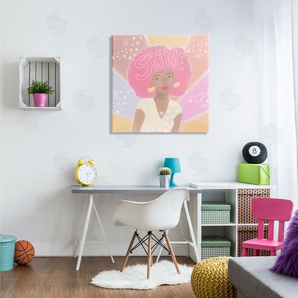 Tina Devins Playful Shine Phrase Girl with Afro Rainbow Stars Canvas Wall Art in Room