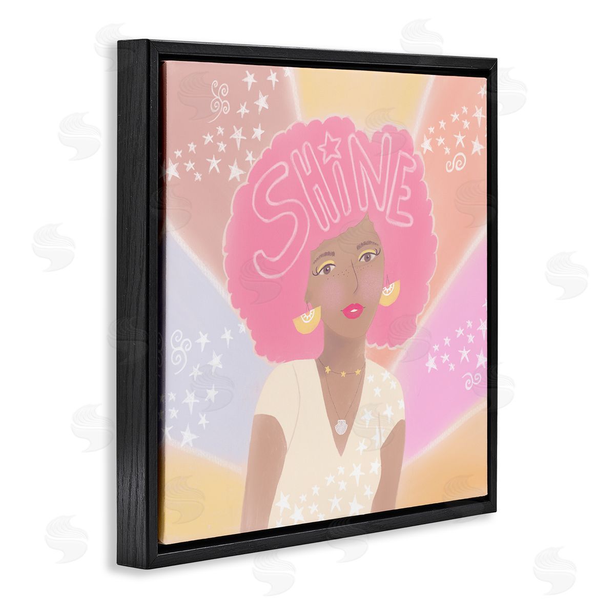 Tina Devins Playful Shine Phrase Girl with Afro Rainbow Stars Black Floating Frame Canvas Wall Art Print
