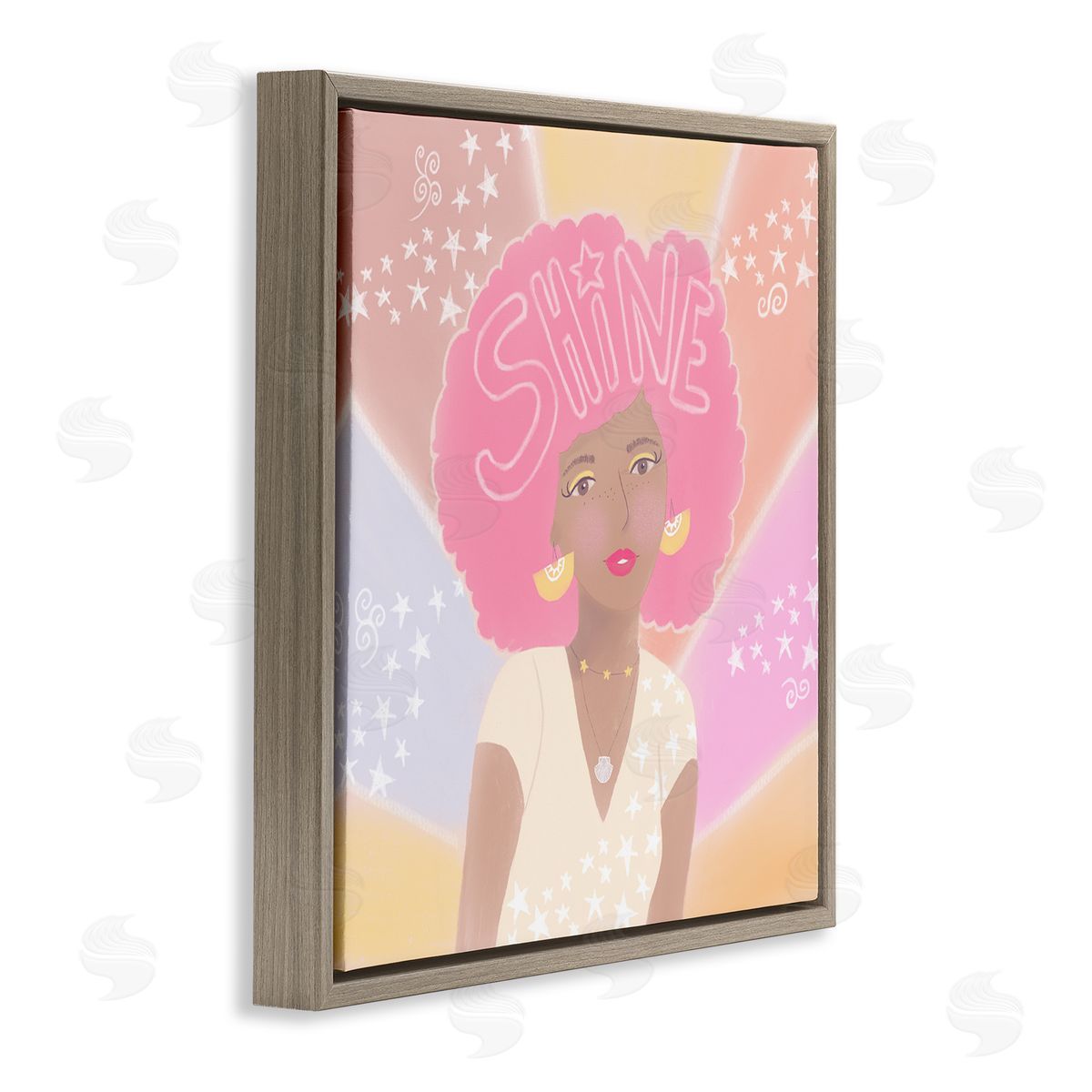 Tina Devins Playful Shine Phrase Girl with Afro Rainbow Stars Brown Floating Frame Canvas Wall Art Print