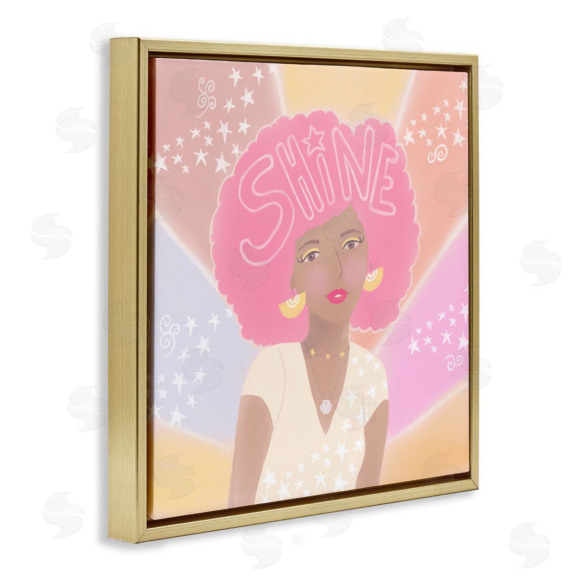Tina Devins Playful Shine Phrase Girl with Afro Rainbow Stars Gold Floating Frame Canvas Wall Art Print