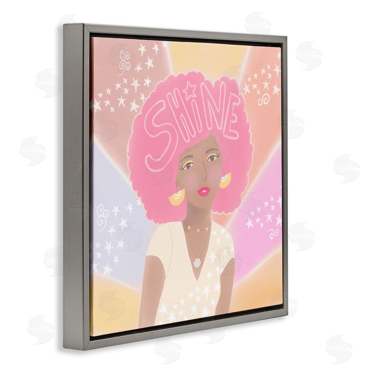Tina Devins Playful Shine Phrase Girl with Afro Rainbow Stars Gray Floating Frame Canvas Wall Art Print