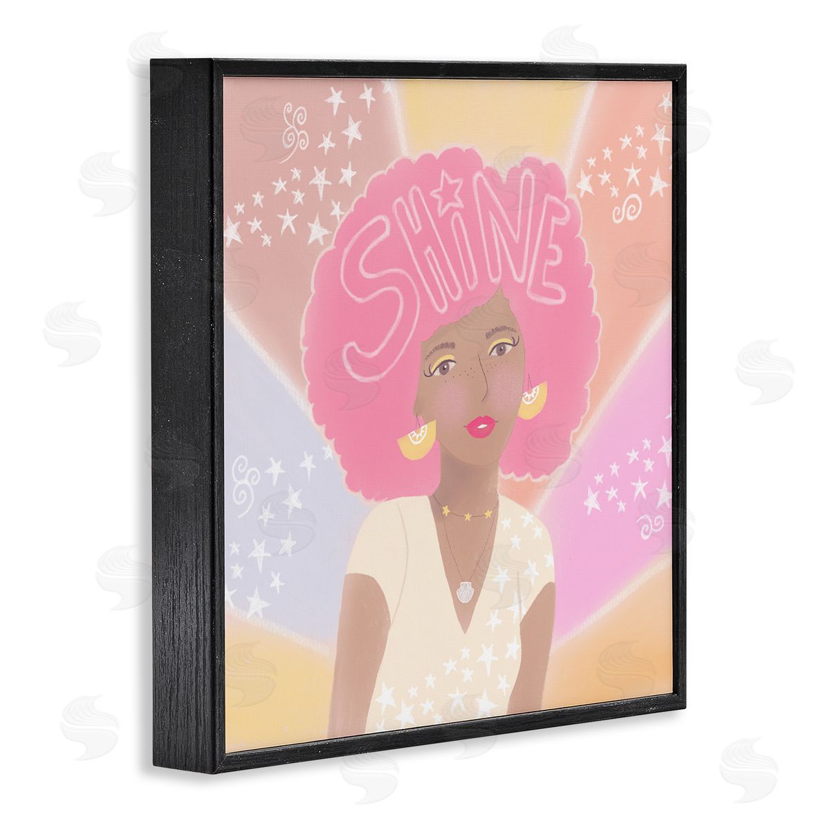 Tina Devins Playful Shine Phrase Girl with Afro Rainbow Stars Black Framed Glicee Wall Art Print