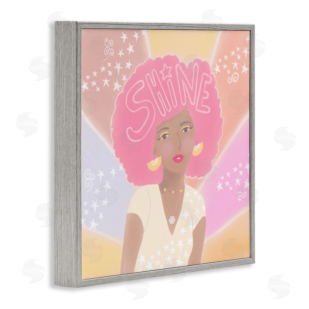 Tina Devins Playful Shine Phrase Girl with Afro Rainbow Stars Gray Framed Glicee Wall Art Print
