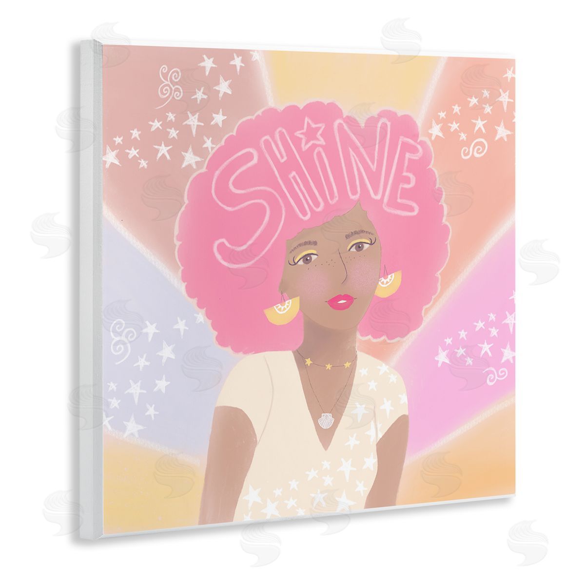 Tina Devins Playful Shine Phrase Girl with Afro Rainbow Stars Wooden Wall Plaque Art Print
