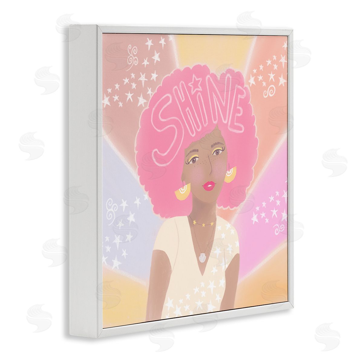Tina Devins Playful Shine Phrase Girl with Afro Rainbow Stars White Framed Glicee Wall Art Print