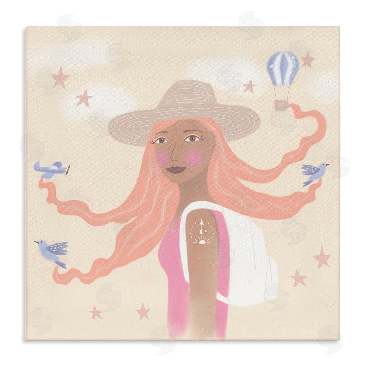 Tina Devins Girl Flowing Hair Birds Plane Hot Air Balloon Stretched Canvas Wall Art Print