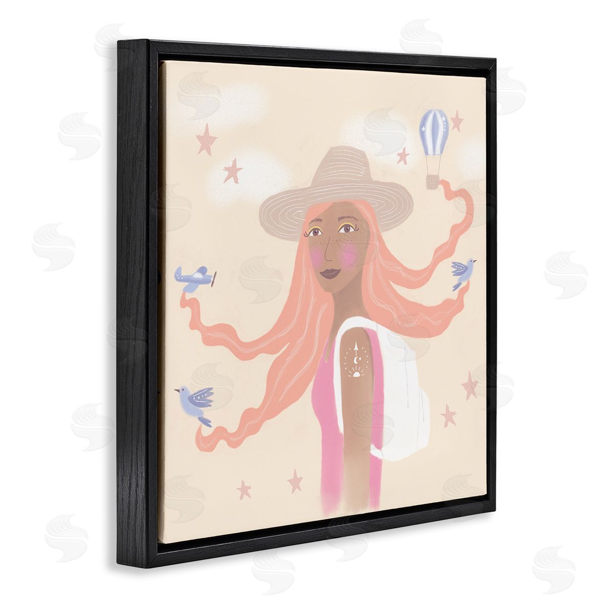 Tina Devins Girl Flowing Hair Birds Plane Hot Air Balloon Black Floating Frame Canvas Wall Art Print