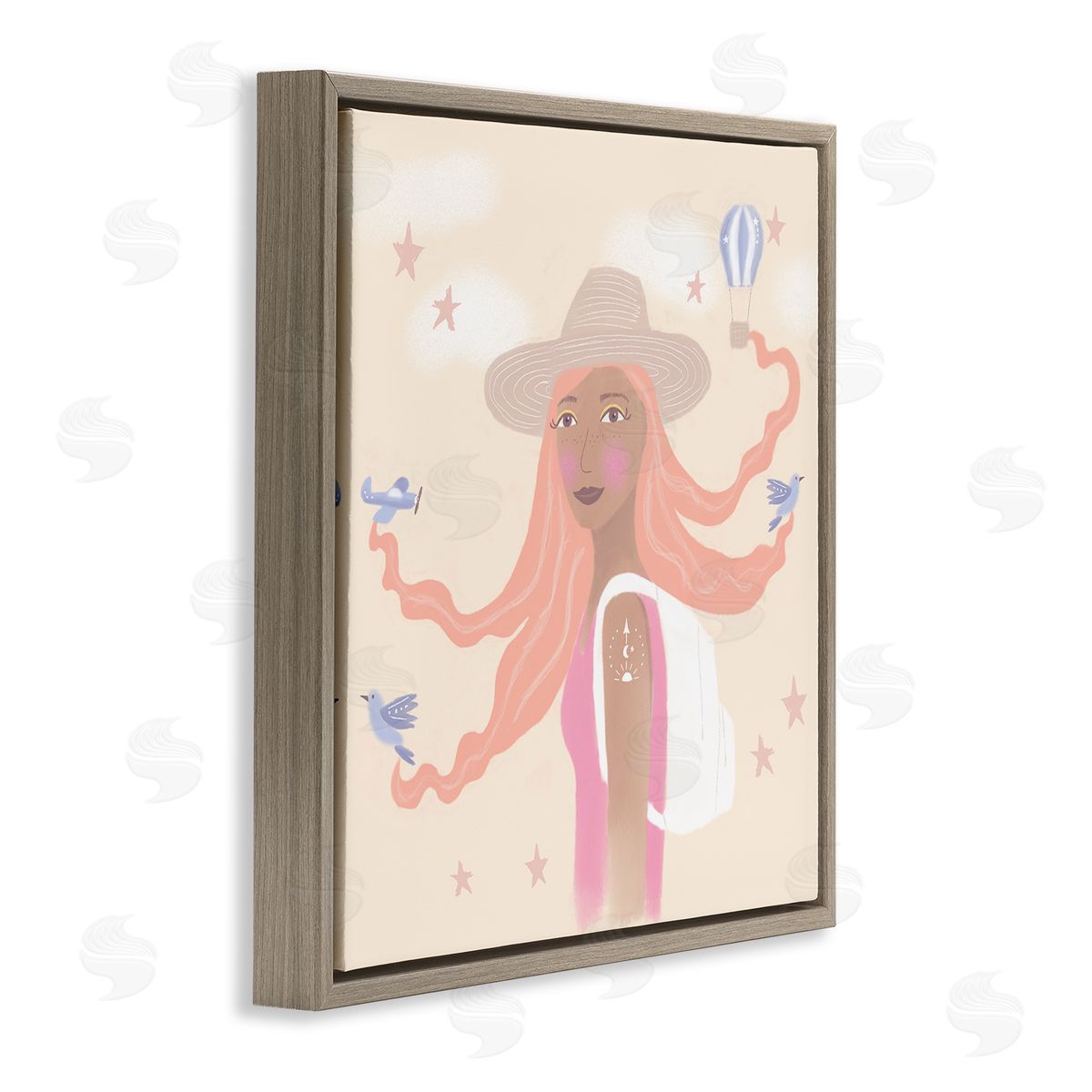 Tina Devins Girl Flowing Hair Birds Plane Hot Air Balloon Brown Floating Frame Canvas Wall Art Print