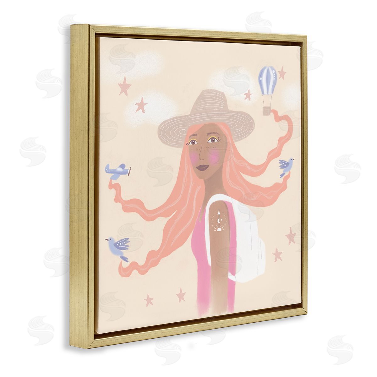 Tina Devins Girl Flowing Hair Birds Plane Hot Air Balloon Gold Floating Frame Canvas Wall Art Print