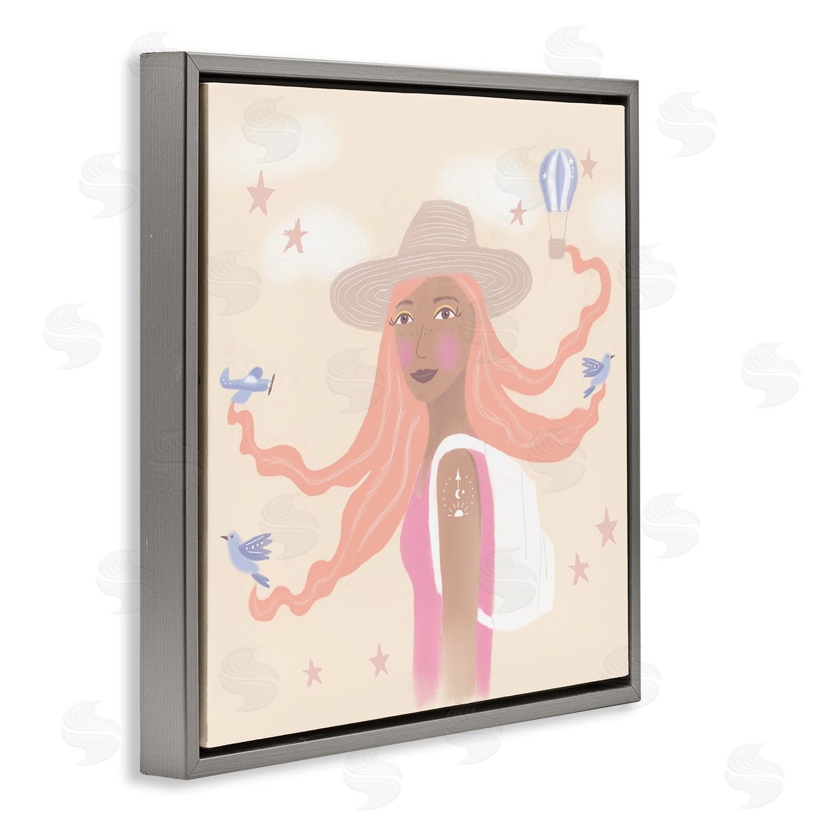 Tina Devins Girl Flowing Hair Birds Plane Hot Air Balloon Gray Floating Frame Canvas Wall Art Print