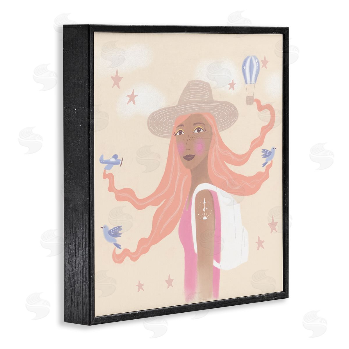 Tina Devins Girl Flowing Hair Birds Plane Hot Air Balloon Black Framed Glicee Wall Art Print